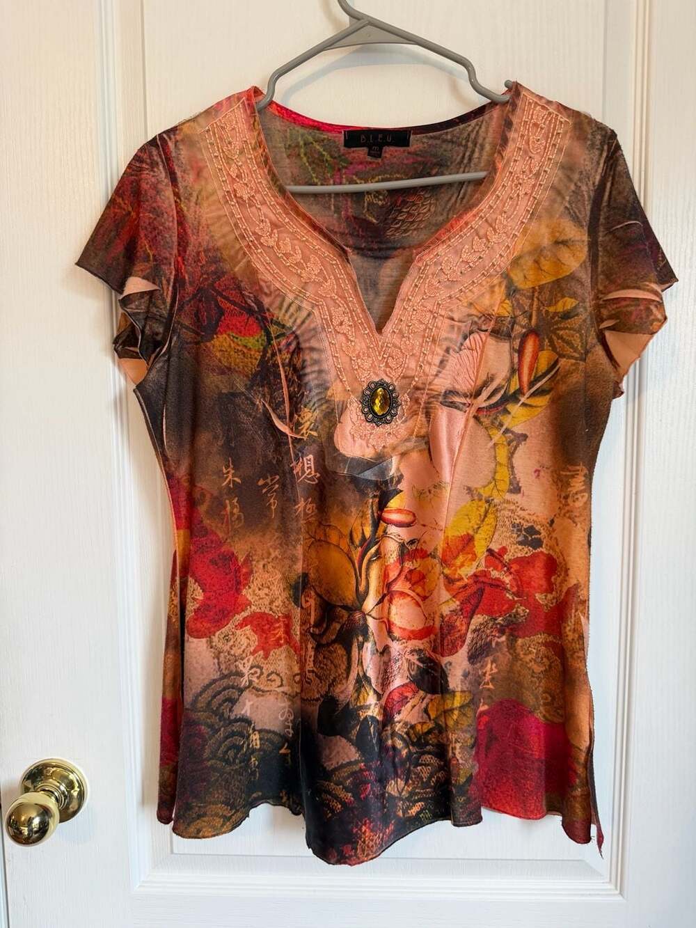 B.L.E.U Bohochic Fairycore Orange Printed Top with Gemstone Accent Size M